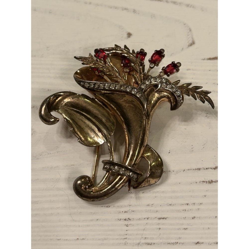 1940s R DeRosa Signed Retro Vermeil Sterling Red Rhinestone Floral  Fur Clip Pin